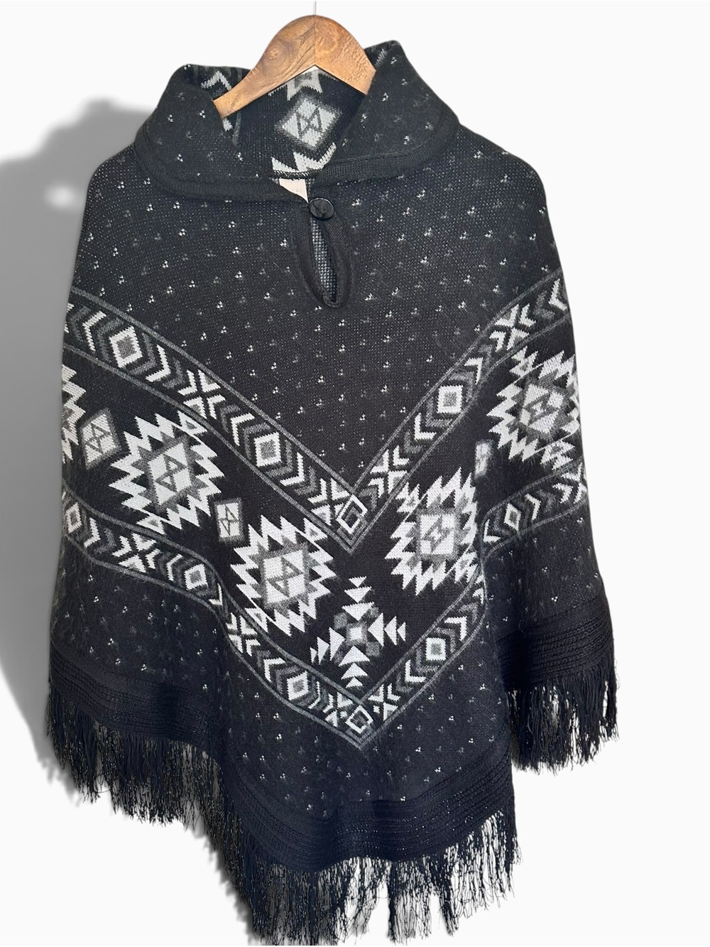 Vintage Aztec Knit Hooded Poncho Fringe Cape Wool Blend Black White Sweater